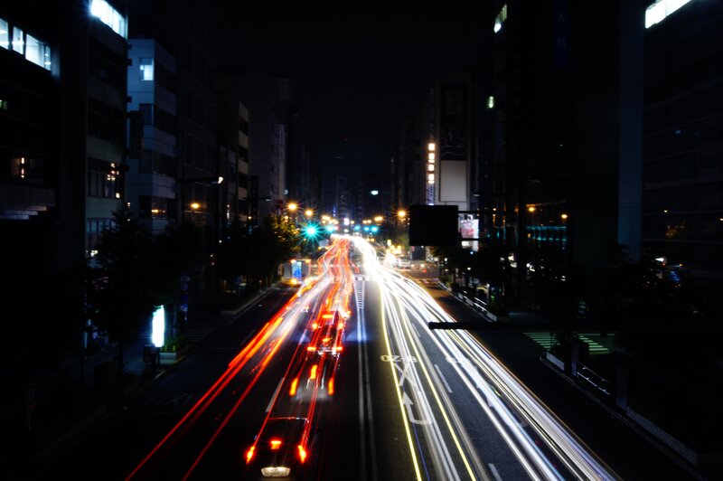 Light Trails on City Street — Black, Dark