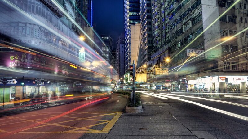 Light Trails on City Street — Black, Dramatic