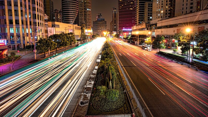 Light Trails on City Street — Black, Dynamic, Night