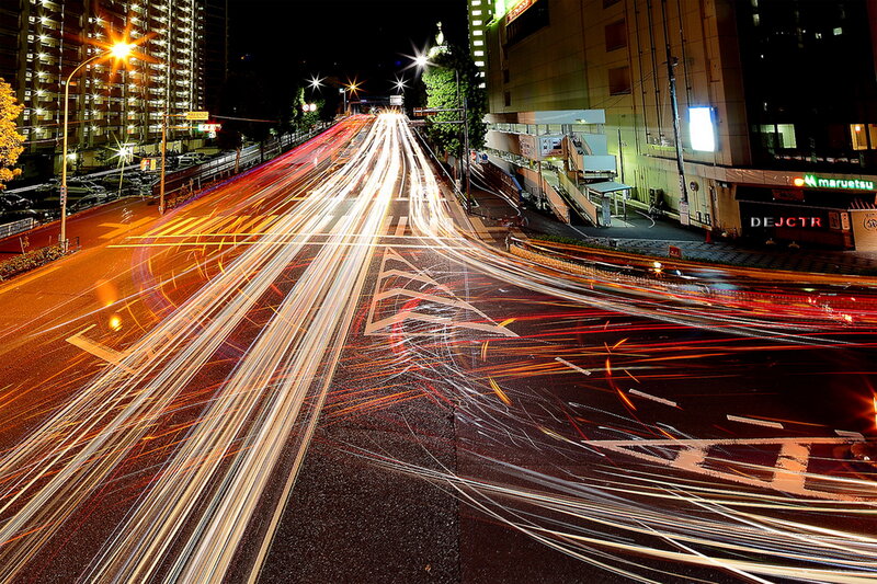 Light Trails on City Street — Black