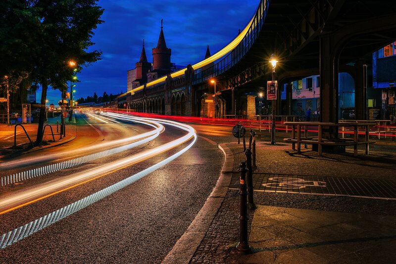 Light Trails on City Street — Blue, Dramatic, Night, Photograph, Streetlights