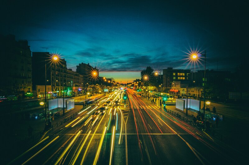 Light Trails on City Street — Blue, Dramatic, Night, Photograph