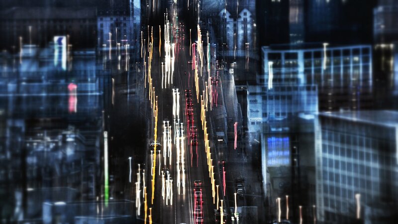Light Trails on City Street — Blue, Dramatic, Night