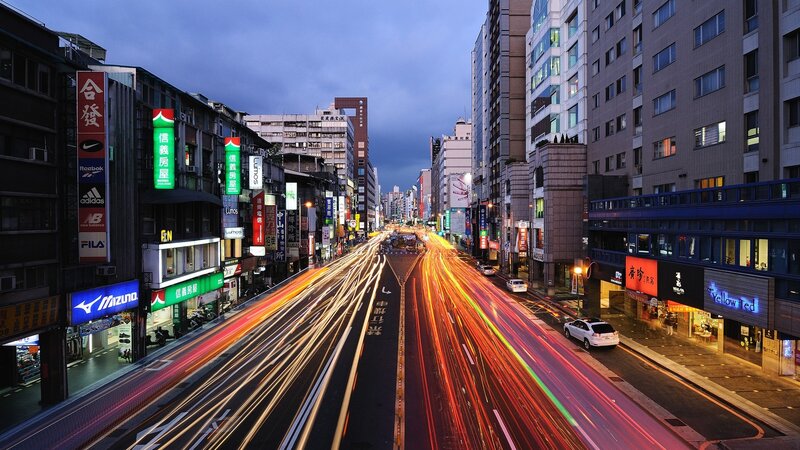Light Trails on City Street — Blue, Dramatic