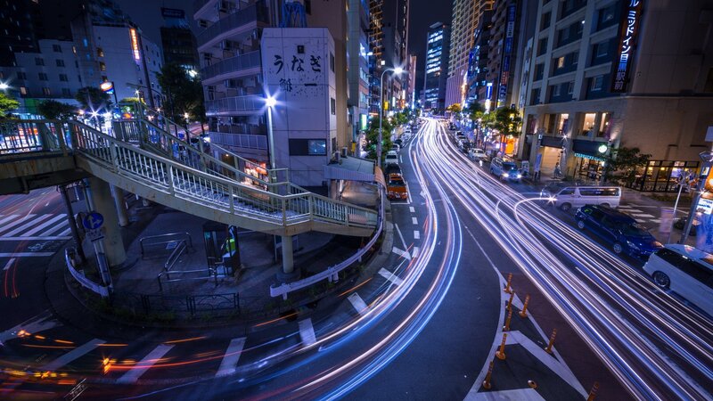Light Trails on City Street — Blue, Dynamic, Night, Photograph, Pedestrian Bridge