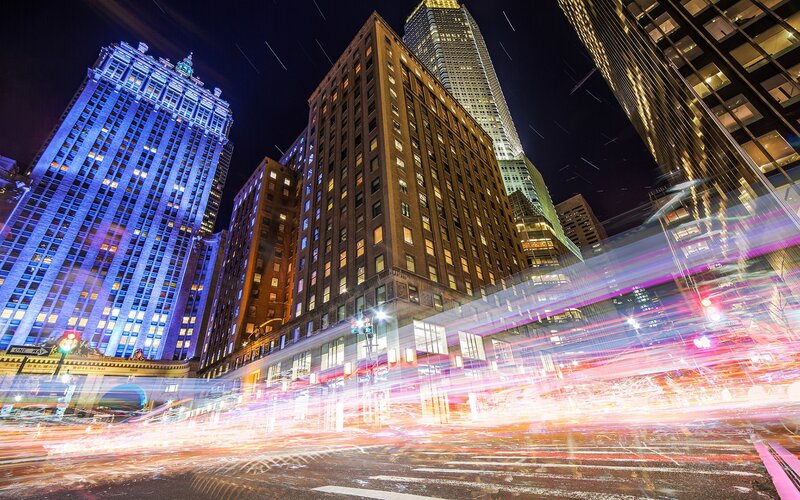 Light Trails on City Street — Blue, Dynamic, Night, Photograph, Skyscrapers