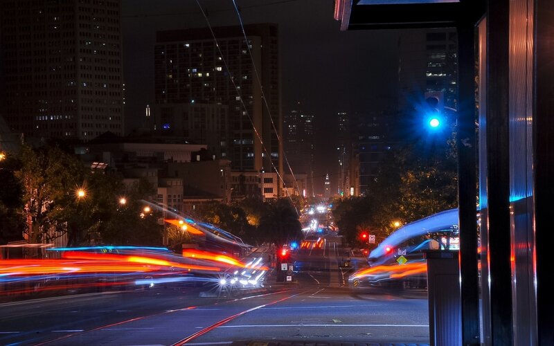 Light Trails on City Street — Blue, Dynamic