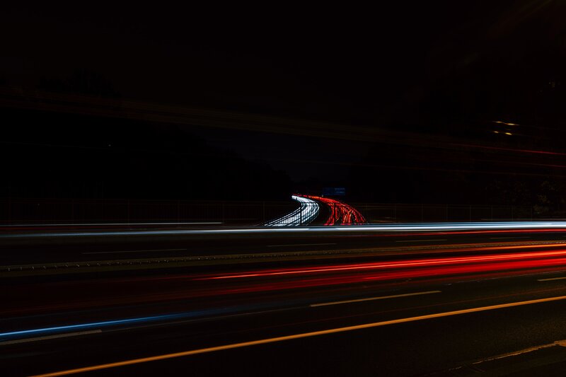 Light Trails on Highway — Black, Dark, Night, Photograph, Car Lights, Guardrail