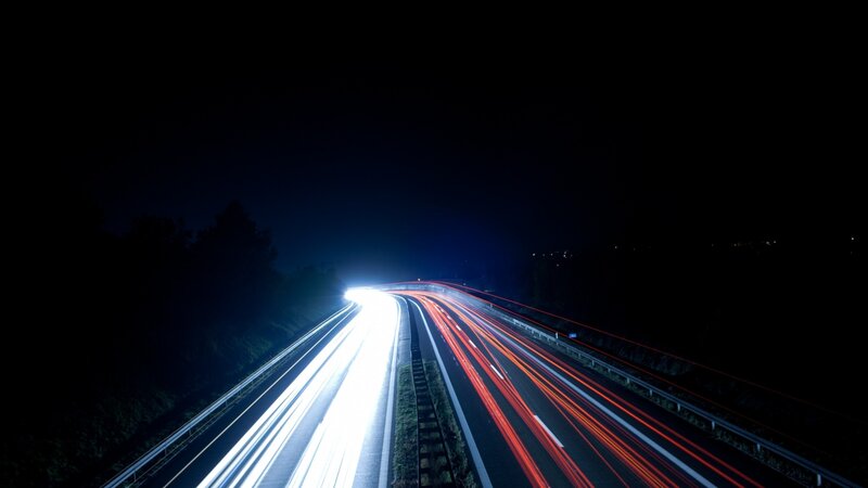 Light Trails on Highway — Black, Dark, Night, Photograph, Car Lights, Guardrail, White