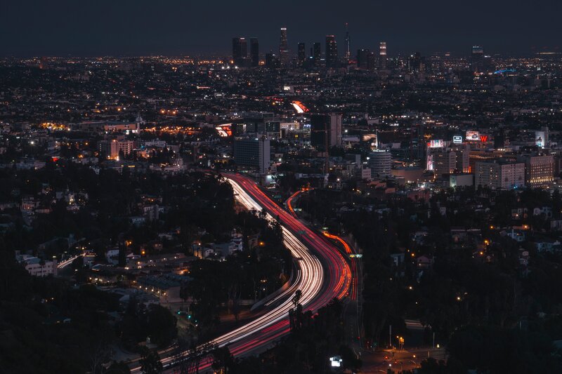 Light Trails on Highway — Black, Dark, Night, Photograph, City Skyline