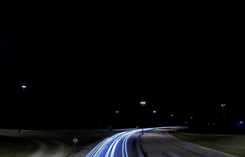 Light Trails on Highway — Black, Dark, Night, Photograph, Streetlights