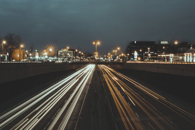 Light Trails on Highway — Black, Dark, Night, Photograph