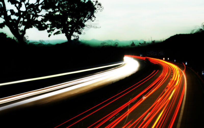 Light Trails on Highway — Black, Dramatic, Night, Digital Art