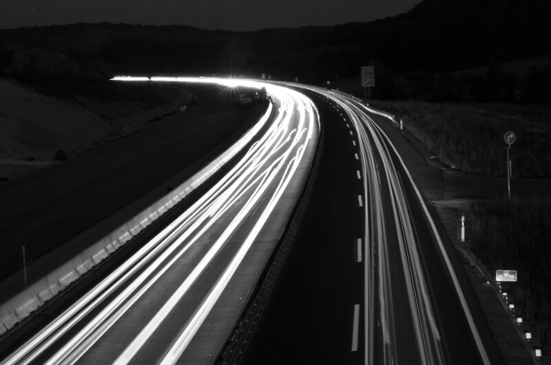 Light Trails on Highway — Black, Dramatic, Night, Photograph, Car Lights