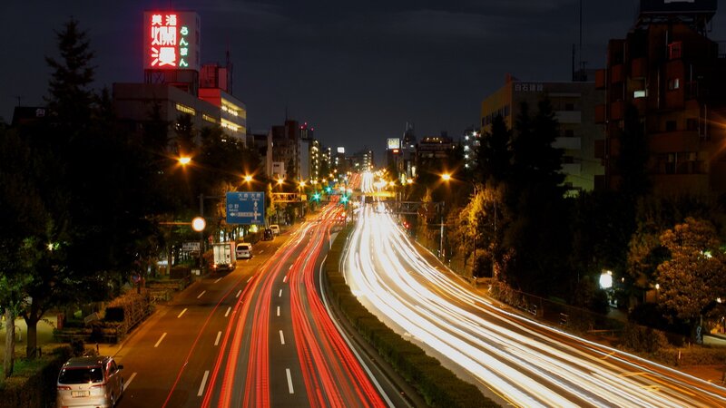 Light Trails on Highway — Black, Dramatic, Night, Photograph, Cars, Buildings