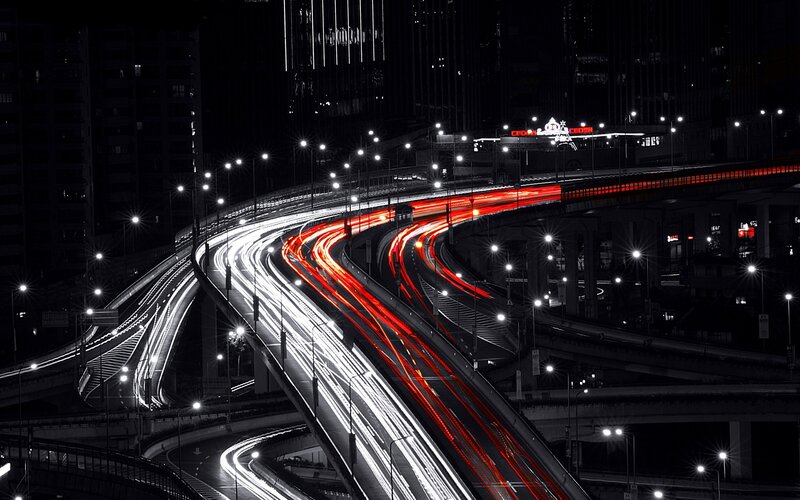 Light Trails on Highway — Black, Dramatic, Night, Photograph, City