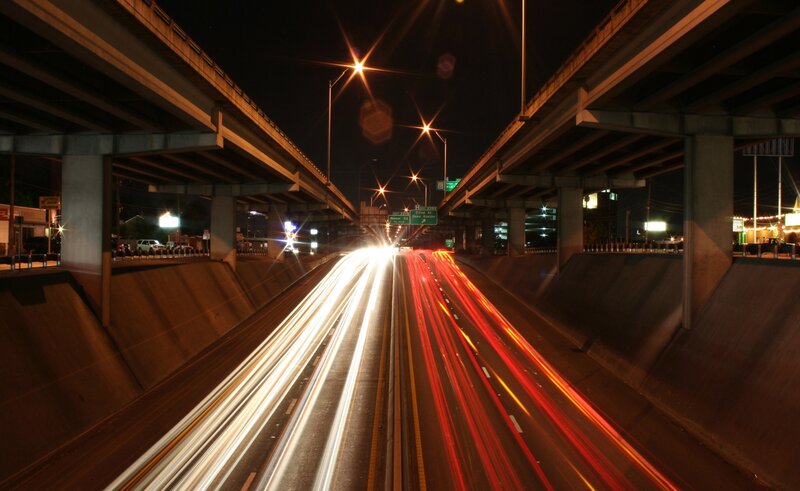 Light Trails on Highway — Black, Dramatic, Night, Photograph, Overpass