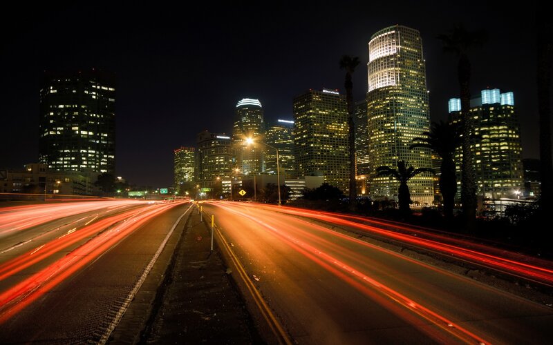 Light Trails on Highway — Black, Dramatic, Night, Photograph, Skyscrapers