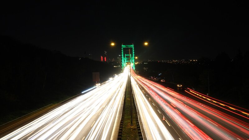 Light Trails on Highway — Black, Dynamic, Night, Photograph, Bridge