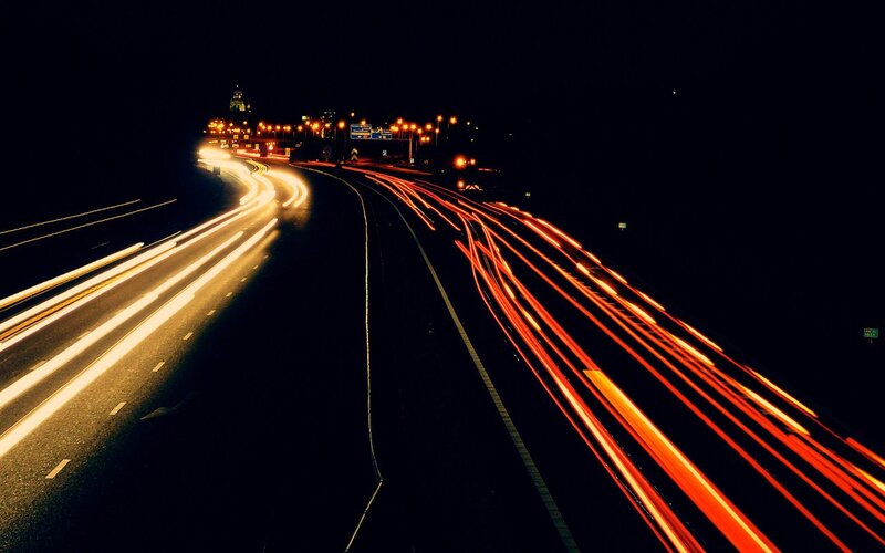 Light Trails on Highway — Black, Dynamic, Night, Photograph, Car Lights, Streetlights