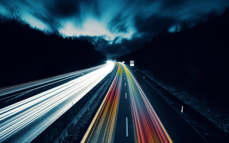 Light Trails on Highway — Blue, Dramatic, Night, Photograph, Clouds
