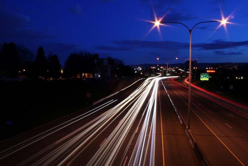 Light Trails on Highway — Blue, Dramatic, Night, Photograph, Streetlights