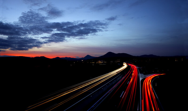 Light Trails on Highway — Blue, Dramatic, Night, Photograph