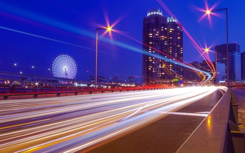 Light Trails on Highway — Blue, Dynamic, Night, Photograph, Skyscraper