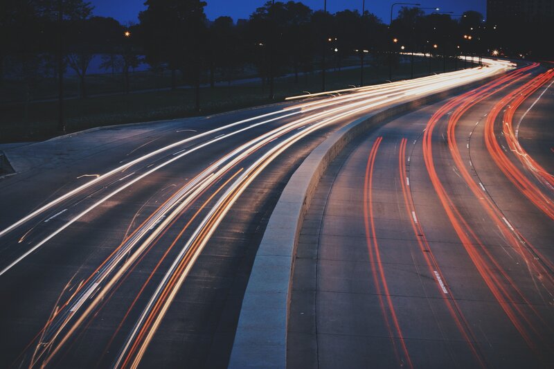Light Trails on Highway — Blue, Dynamic, Night, Photograph