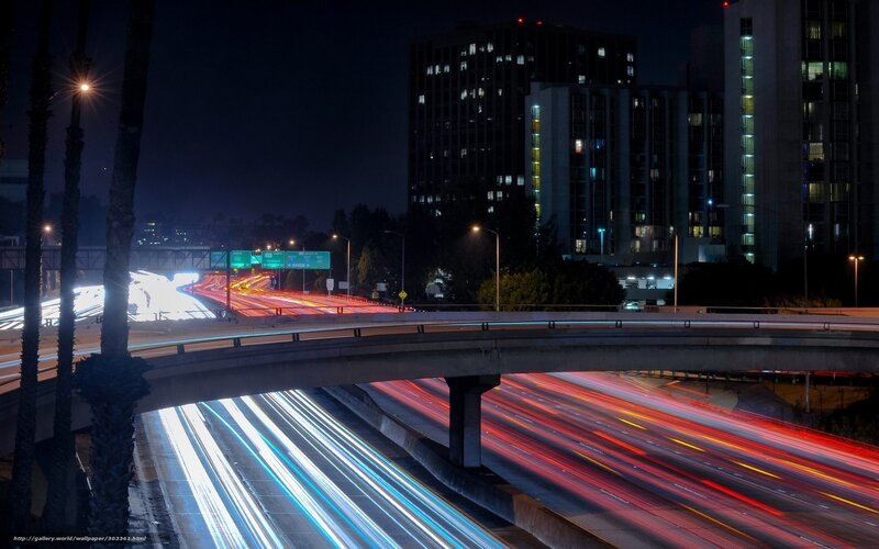 Light Trails on Highway — Red, Dramatic, Night, Photograph, Buildings