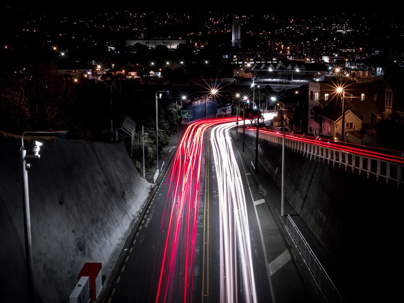 Light Trails on Highway — Red, Dramatic, Night, Photograph, City Lights