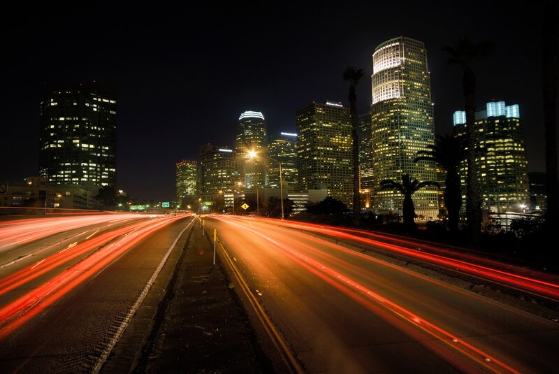 Light Trails on Highway — Red, Dramatic, Night, Photograph, Skyscraper