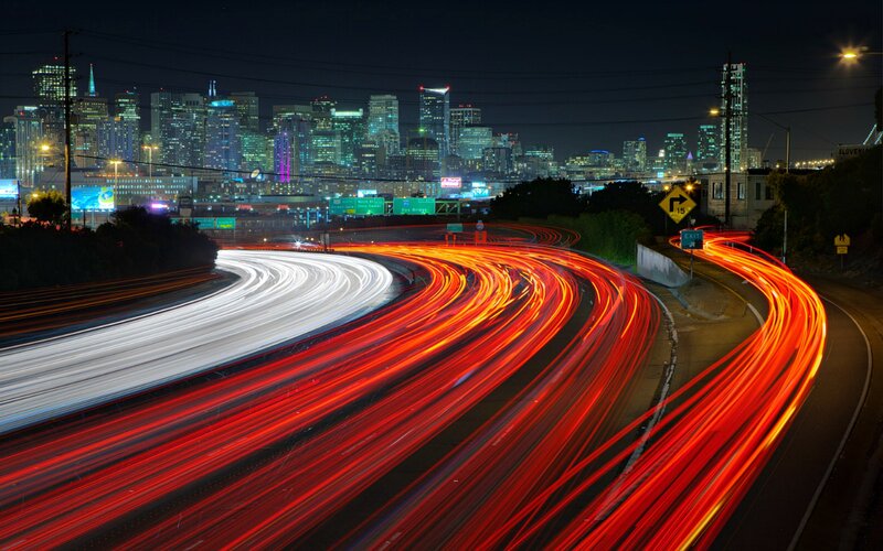 Light Trails on Highway — Red, Dramatic, Night, Photograph