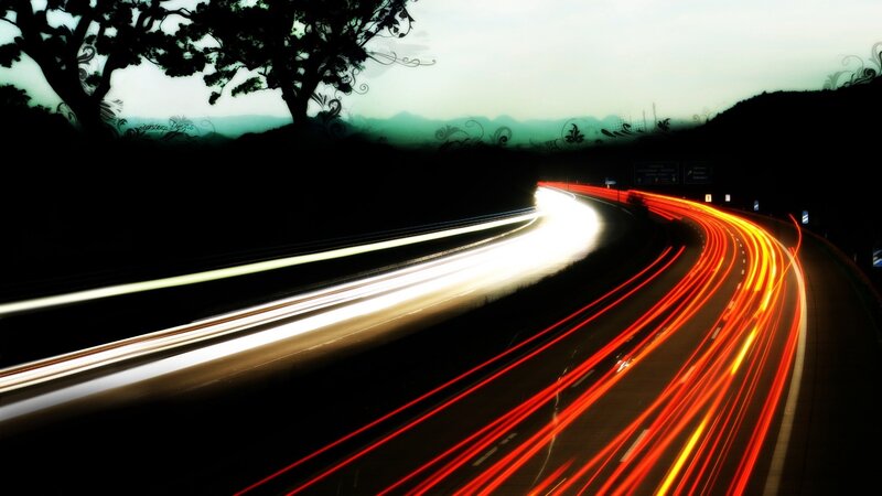 Light Trails on Highway — Red, Dramatic, Night, Photograph, Trees