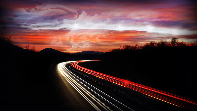 Light Trails on Highway — Red, Dramatic, Sunset