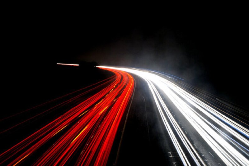 Light Trails on Highway — Red, Dynamic, Night, Photograph, Car Lights