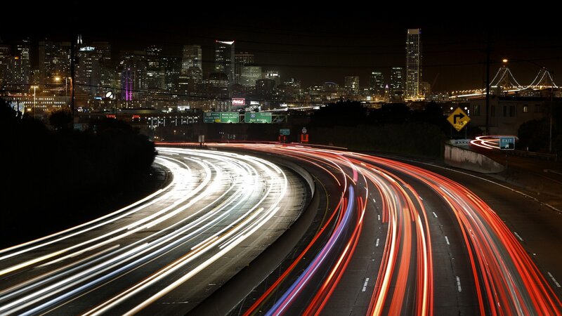 Light Trails on Highway — Red, Dynamic, Night, Photograph, City Skyline