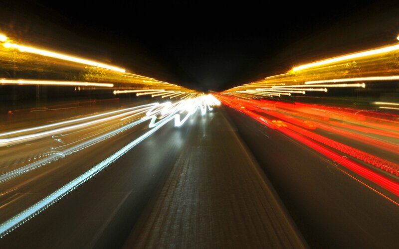 Light Trails on Highway — Red, Dynamic, Night, Photograph, Lights