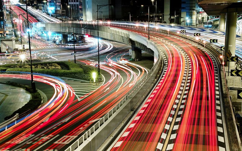 Light Trails on Highway — Red, Dynamic, Night, Photograph, Traffic, Buildings