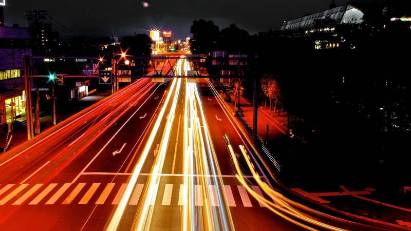 Light Trails on Highway — Red, Dynamic, Night, Photograph, Traffic Lights, Buildings