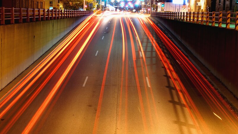 Light Trails on Highway — Red, Dynamic, Night, Photograph, Traffic Lights, Guardrail