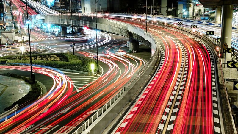 Light Trails on Highway — Red, Dynamic, Night, Photograph, Traffic Lights