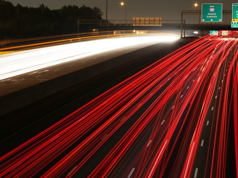 Light Trails on Highway — Red, Dynamic, Night, Photograph, Traffic, Signs