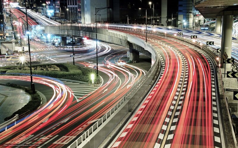 Light Trails on Highway — Red, Dynamic, Night, Photograph, Traffic