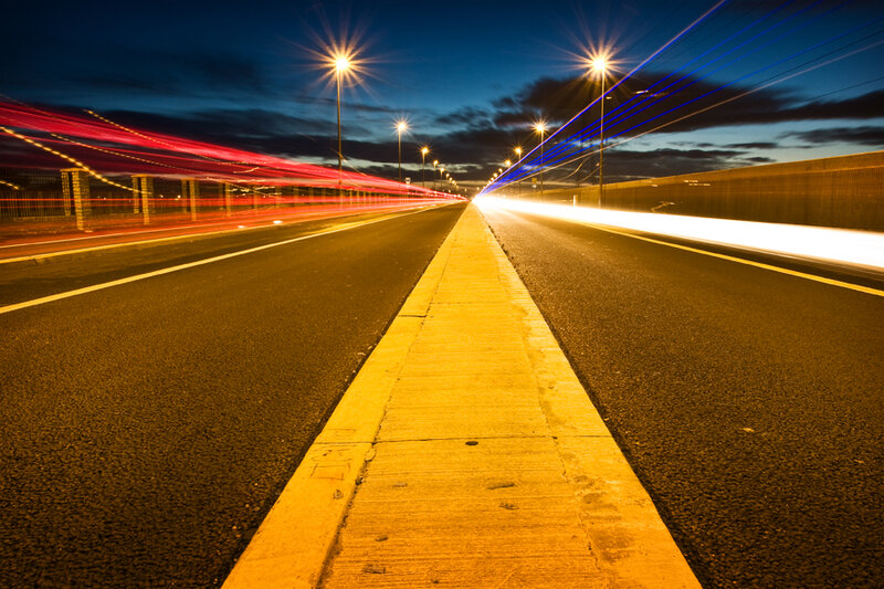 Light Trails on Highway — Yellow, Dramatic, Night, Photograph, Streetlights, Road