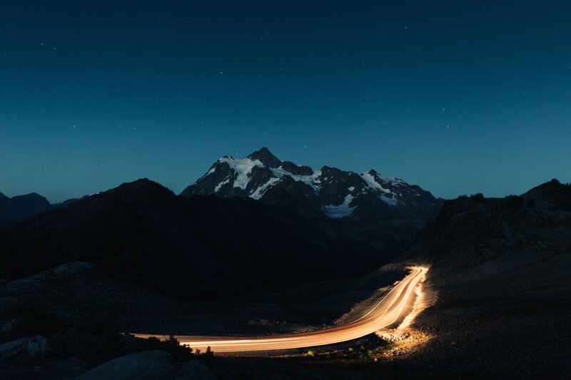 Light Trails on Mountain Road — Blue