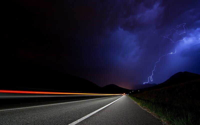 Light Trails on Road — Black, Dramatic, Night, Photograph, Mountains