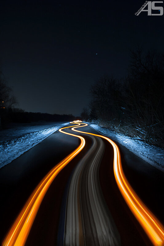 Light Trails on Road — Black, Dramatic, Night, Photograph, Snow