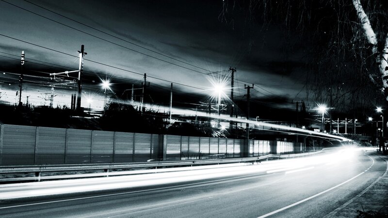 Light Trails on Road — Black, Dramatic, Night, Photograph