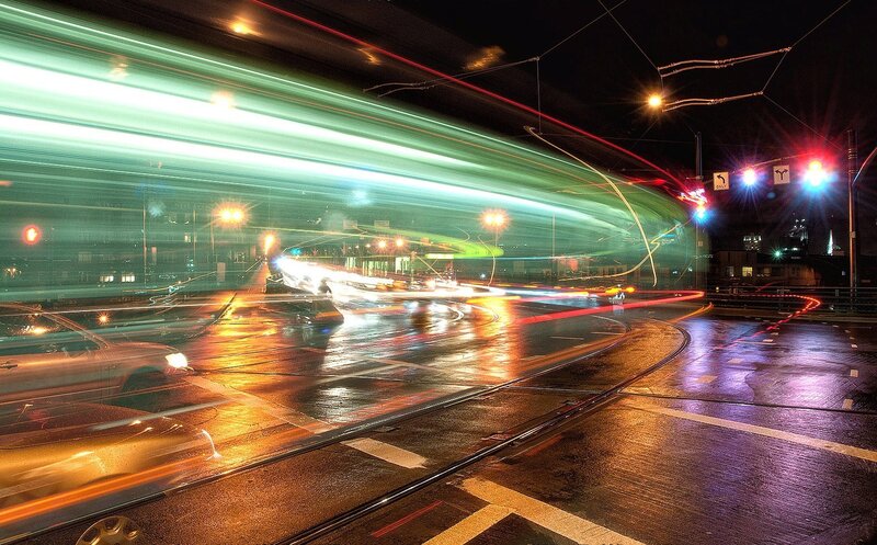 Light Trails on Wet Road — Green, Dramatic